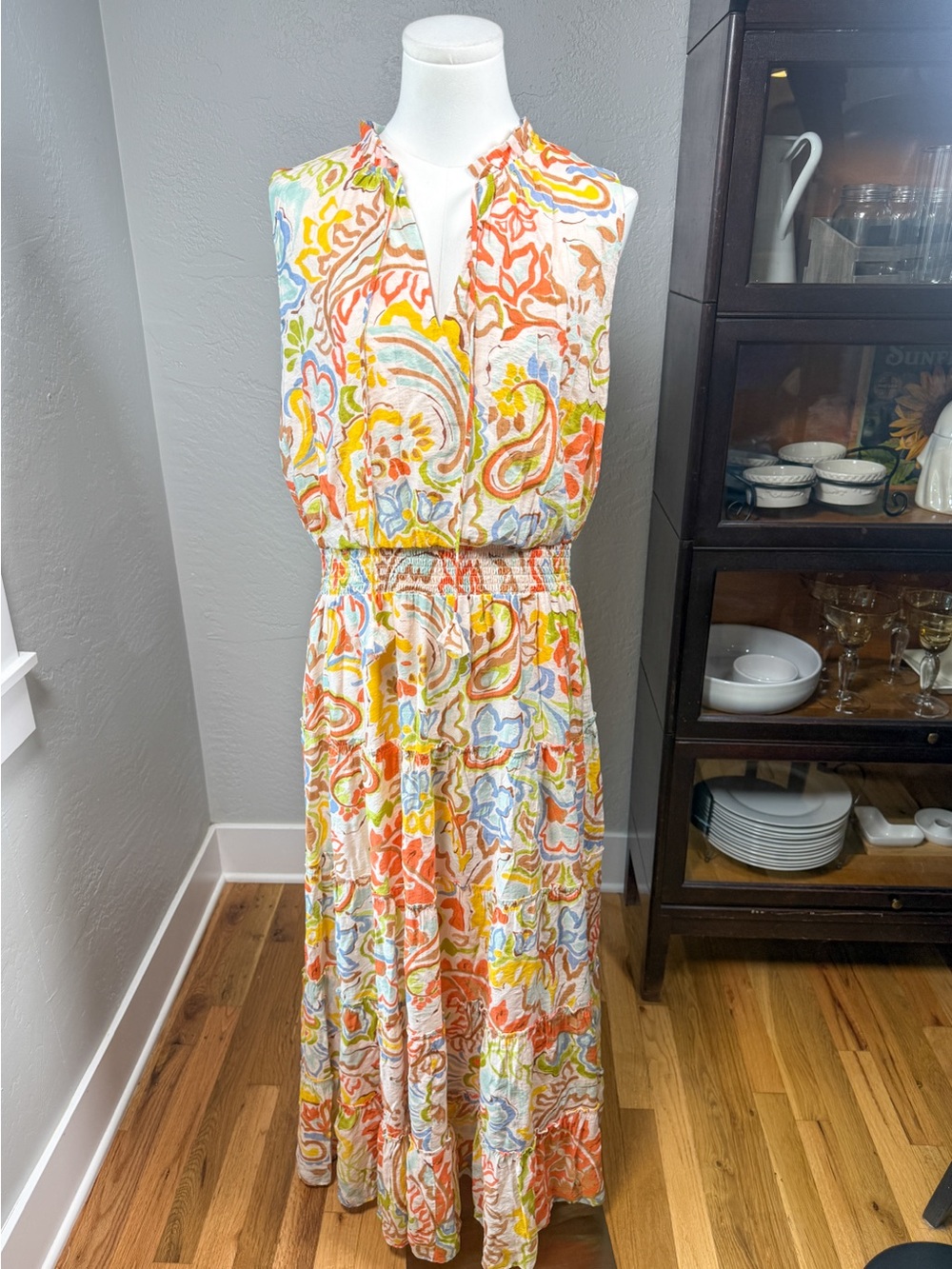 1.State Multicolor Paisley Floral Tiered Maxi Dress Smocked Waist Boho Size XL